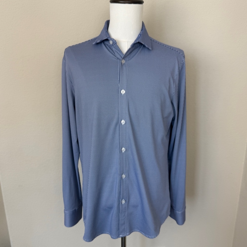 MIZZEN + MAIN White/Blue Gingham Check Trim Fit Sz L Button Front Shirt